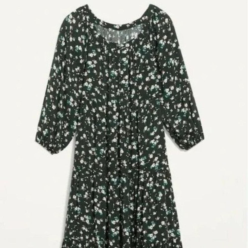 Old Navy Maxi Swing Dress Sz XLL Long Sleeve Tiered Green Floral Square Neck